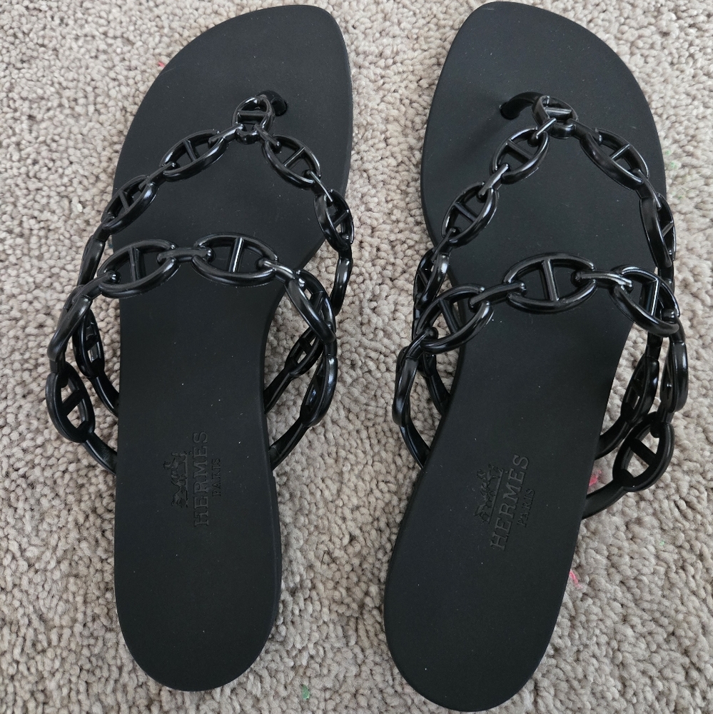HERMES ISLAND BLACK THERMOPOLYURETHANE RUBBER BEACH/POOL SANDALS SHOES SLIDES 38